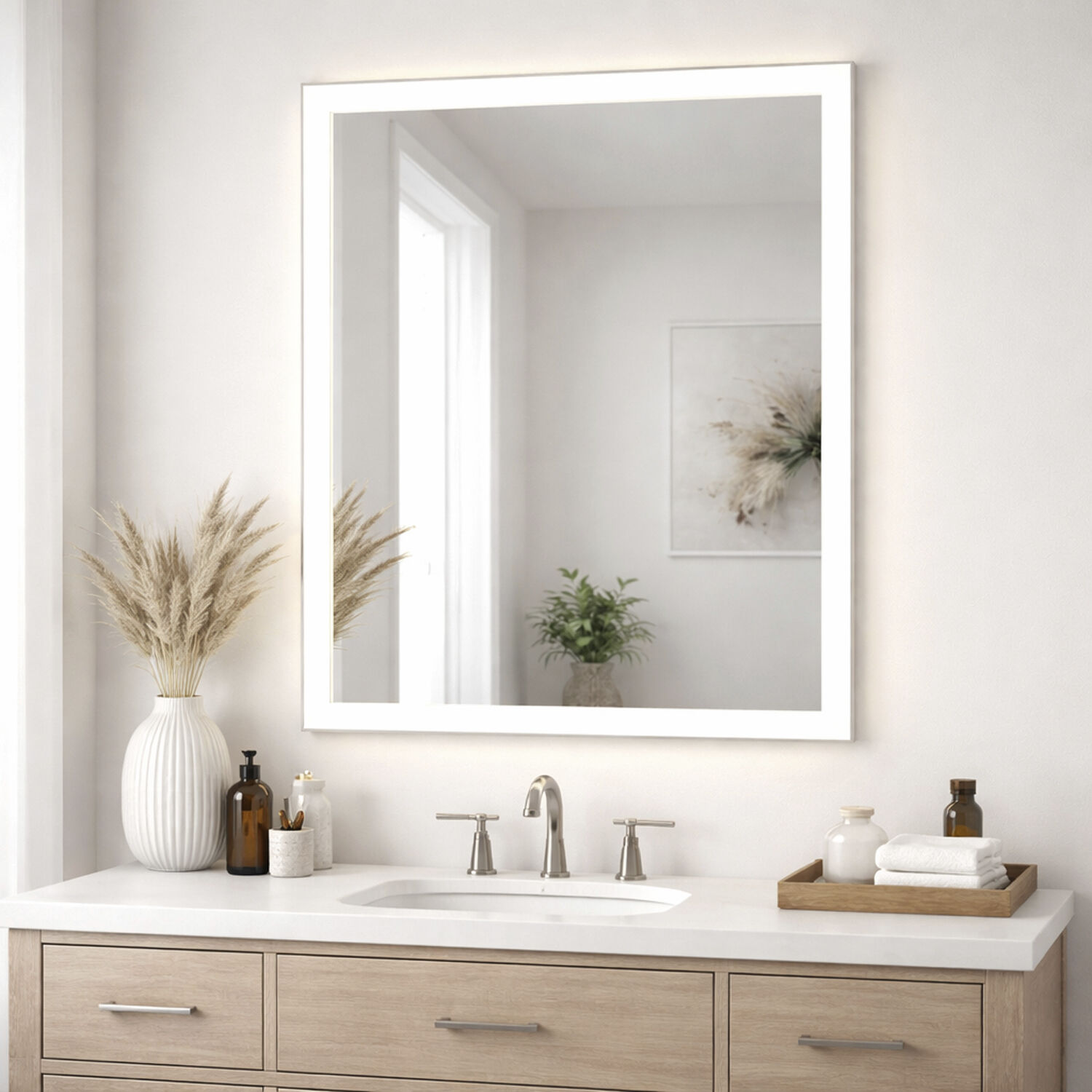 Framed 36 X 30 inch Satin Nickel LED Wall Mirror