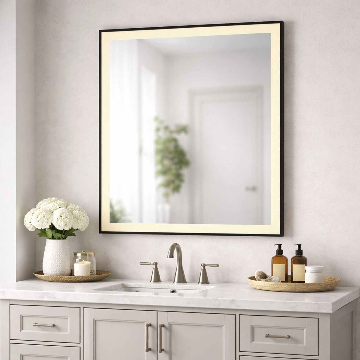 Framed 36 X 30 inch Black LED Wall Mirror