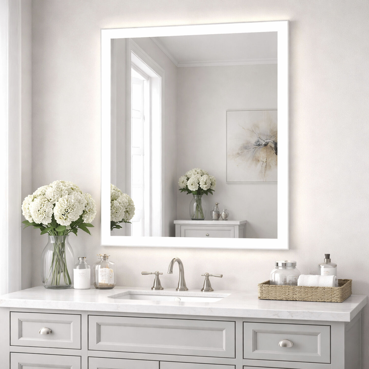 Framed 36 X 30 inch Satin Nickel LED Wall Mirror