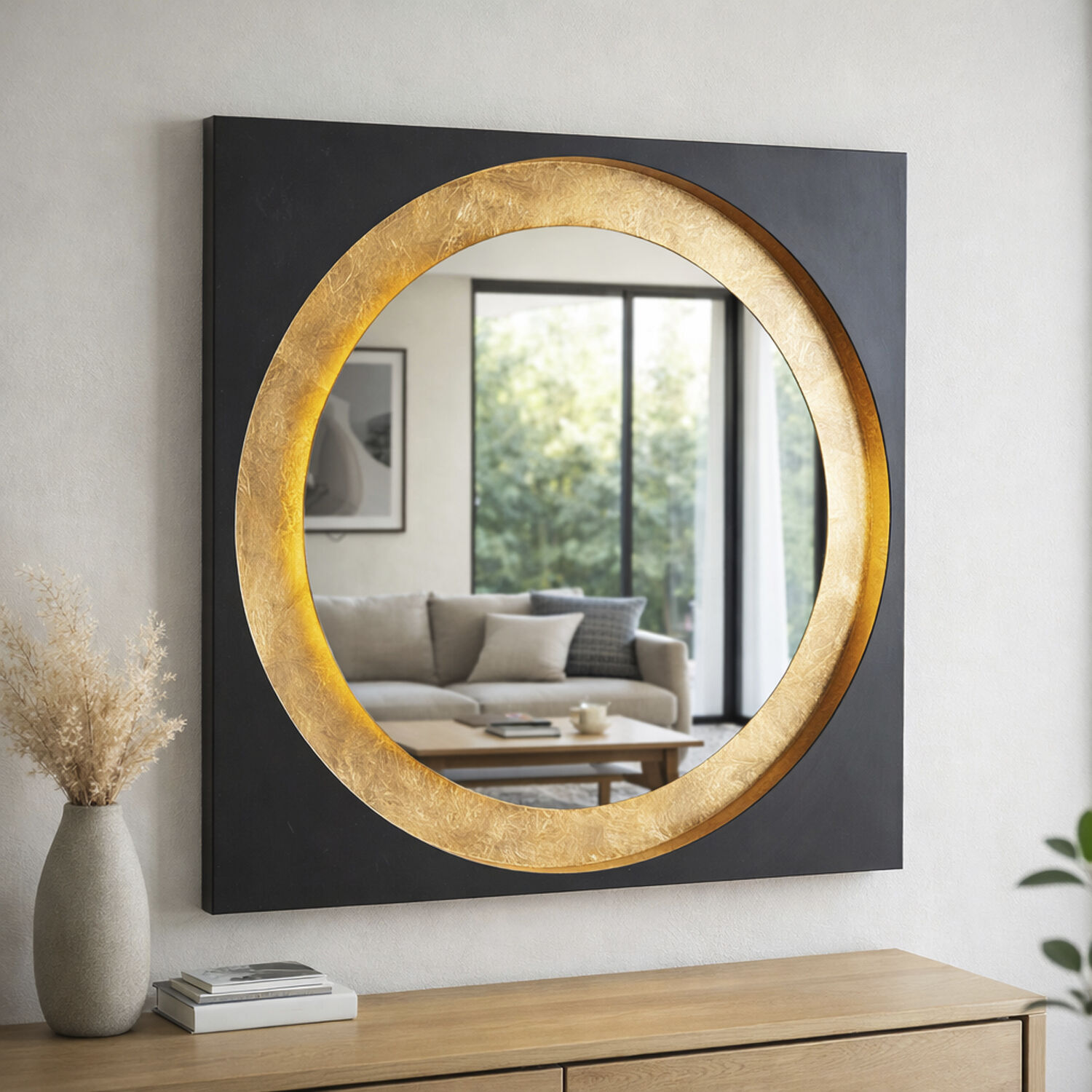 Floating 31.5 X 31.5 inch Gold Leaf and Black LED Wall Mirror