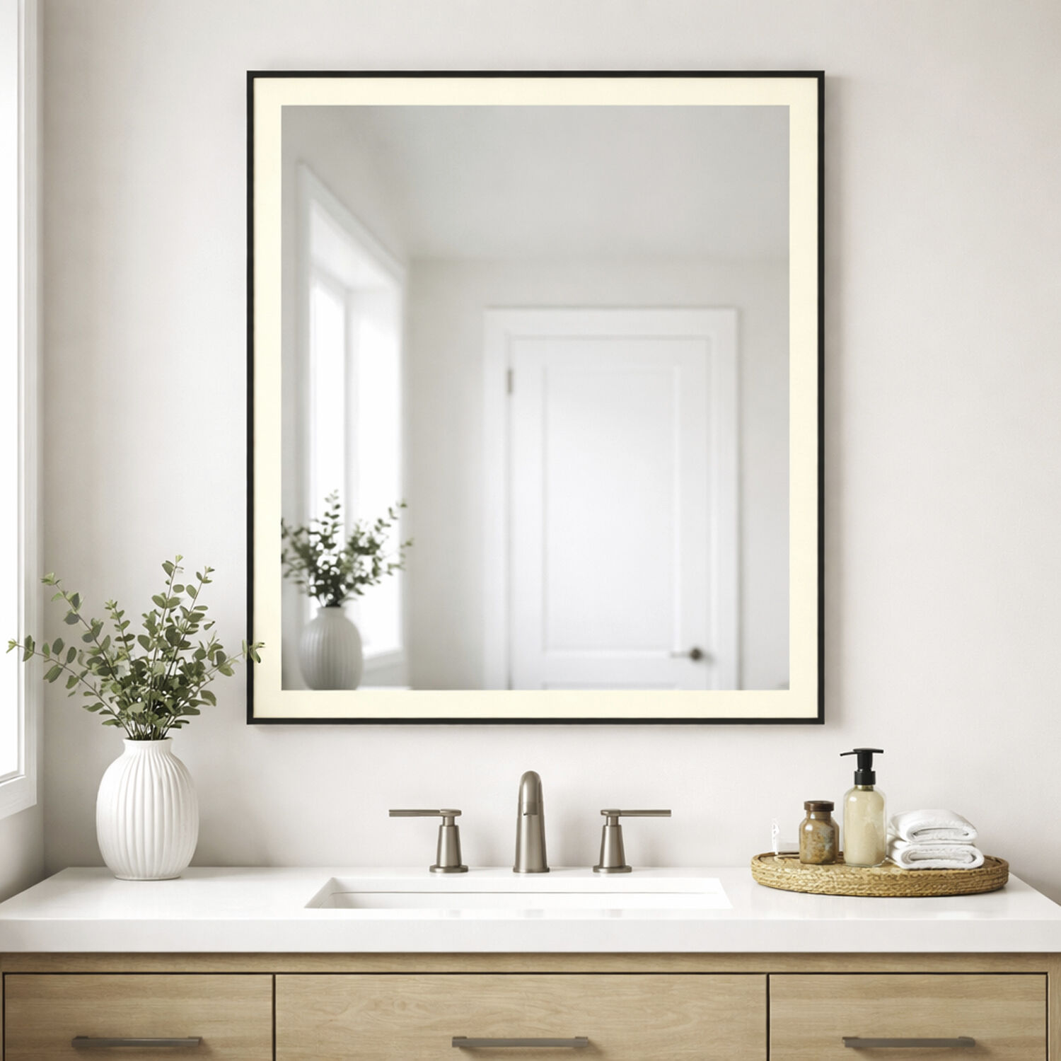 Framed 36 X 30 inch Black LED Wall Mirror
