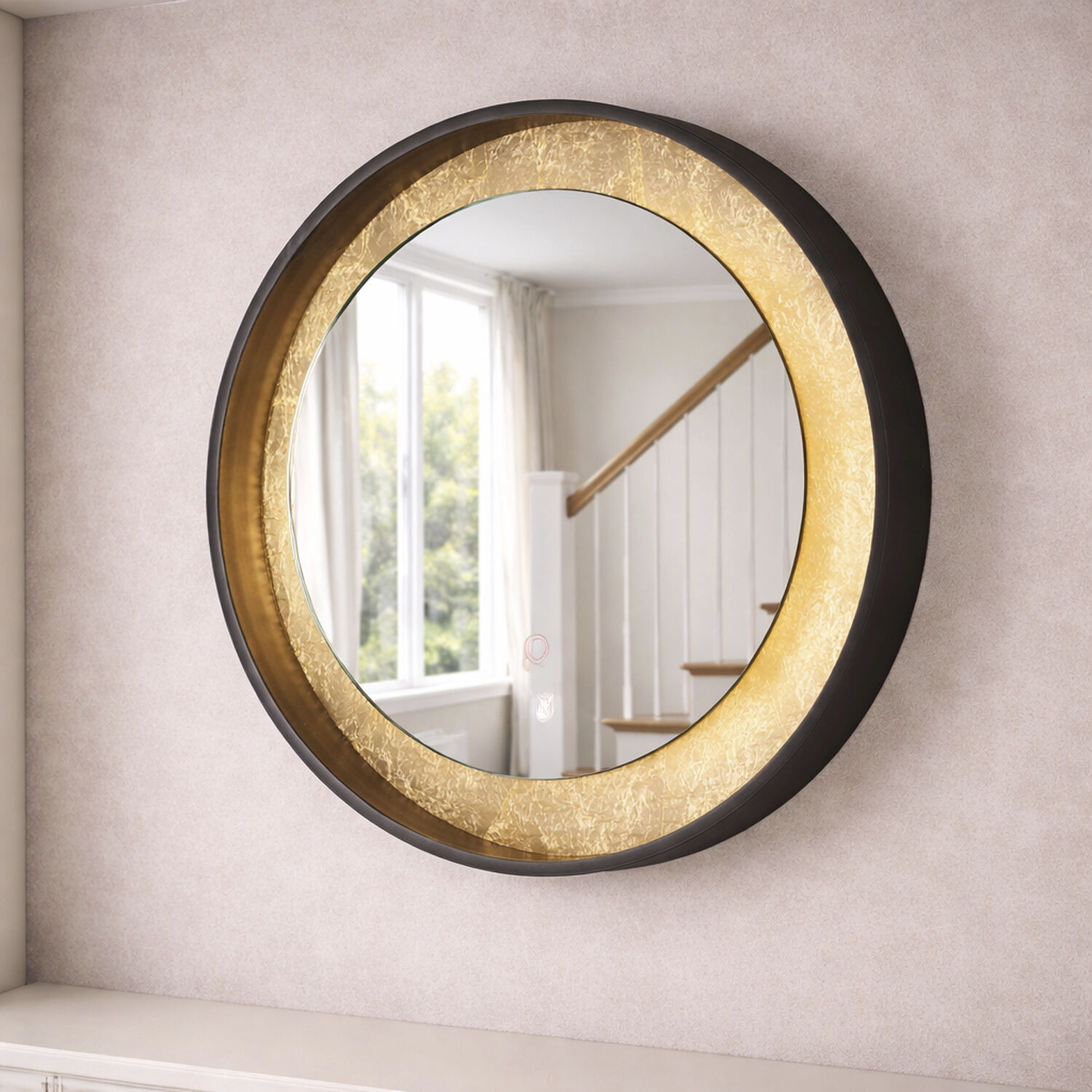 Floating 23.5 X 23.5 inch Gold Leaf and Black LED Wall Mirror